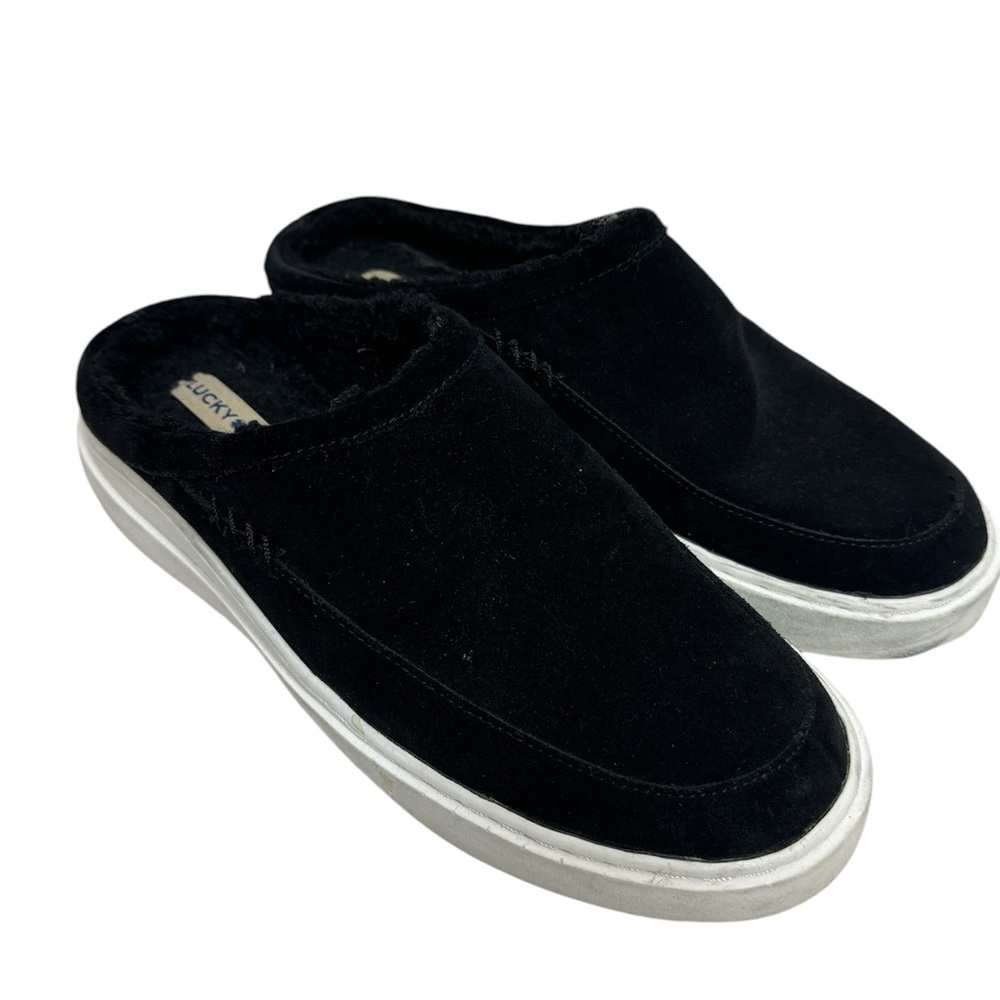 Lucky Brand Korrin Black Oiled‎ Suede Faux Fur Lined platform slip on mule  9.5